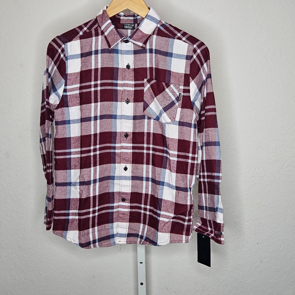 Hurley Boys Dark Beetroot Plaid Flannel Button Down Long Sleeve L 12 13 NWT